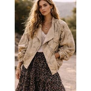 Vintage 80s Cream Leather Abstract Floral Bomber Jacket Oversized Boho M L